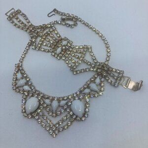 Vtg 1960 milk glass crystal rhinestone wedding bridal bracelet necklace set